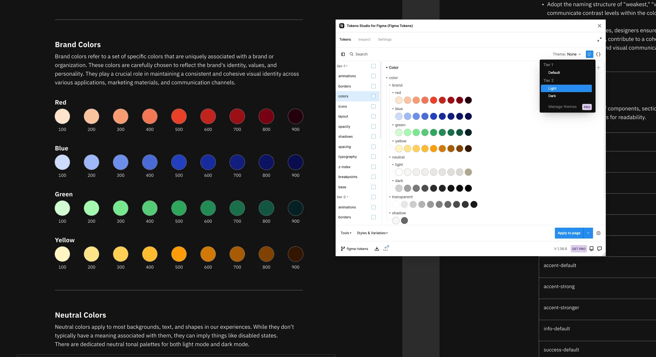 Figma workspace using Token Studio to organize design tokens