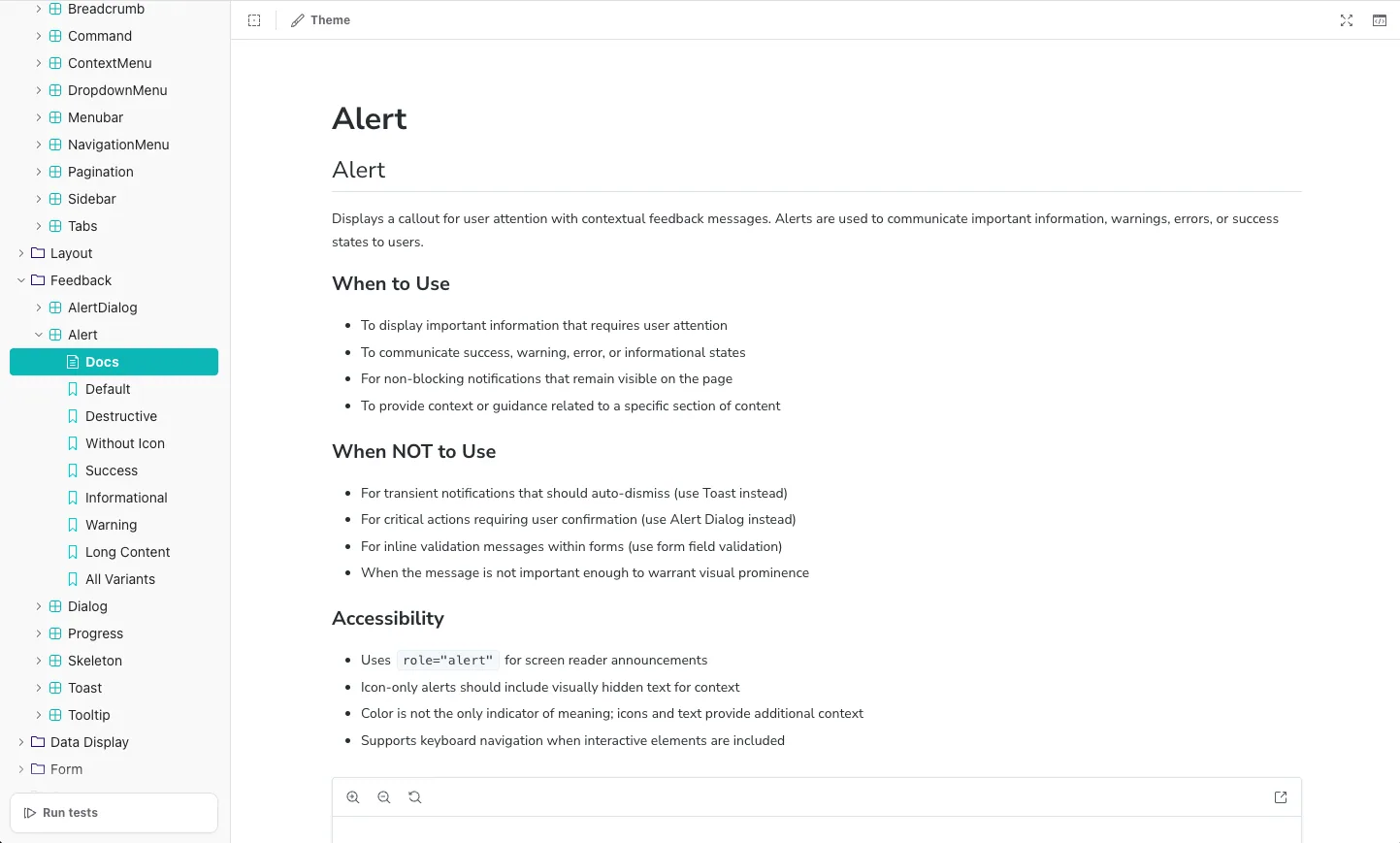 Alert component documentation in Storybook with interactive examples