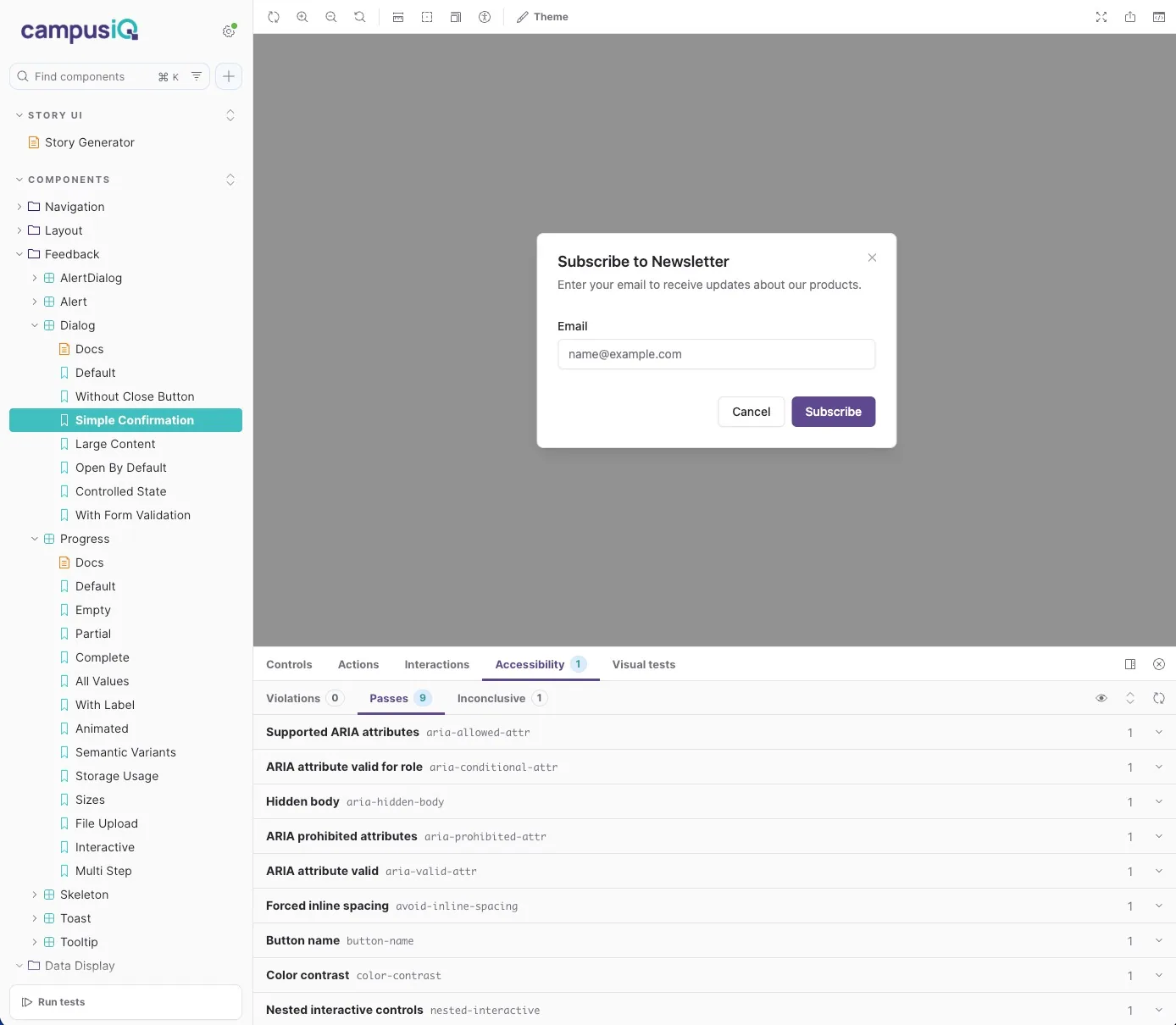 Dialog component accessibility testing showing keyboard navigation and ARIA attribute validation