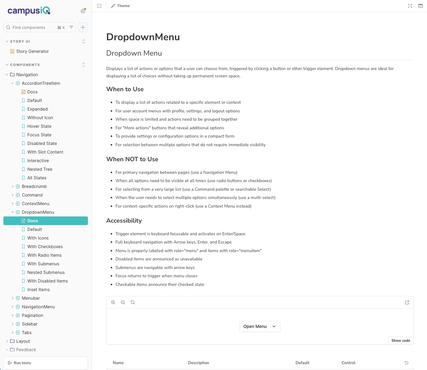 DropdownMenu component documentation showing keyboard navigation patterns and accessibility specifications