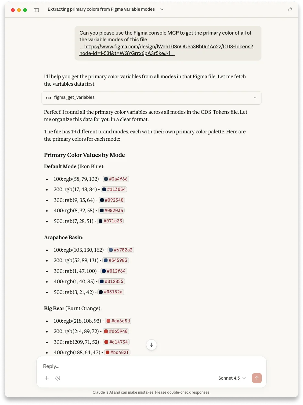 Figma Console MCP variable extraction showing design tokens