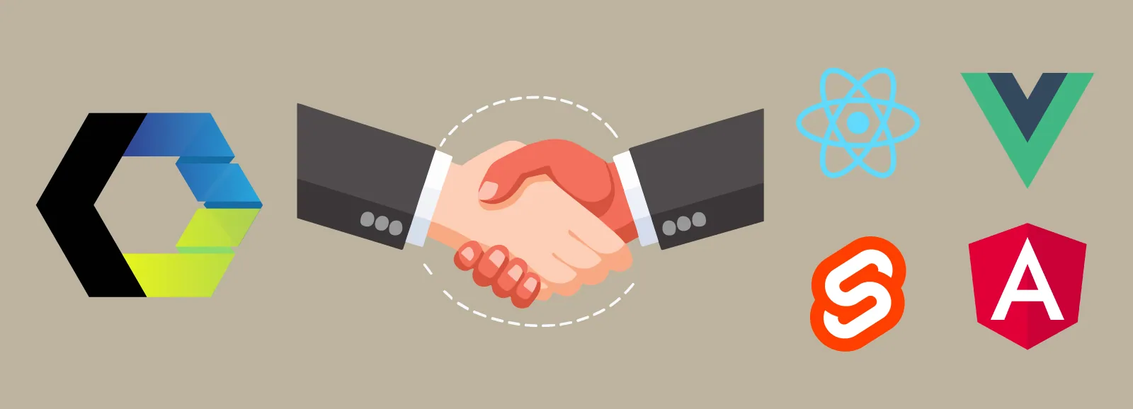 Web components logo with a handshake with other JS framework logos