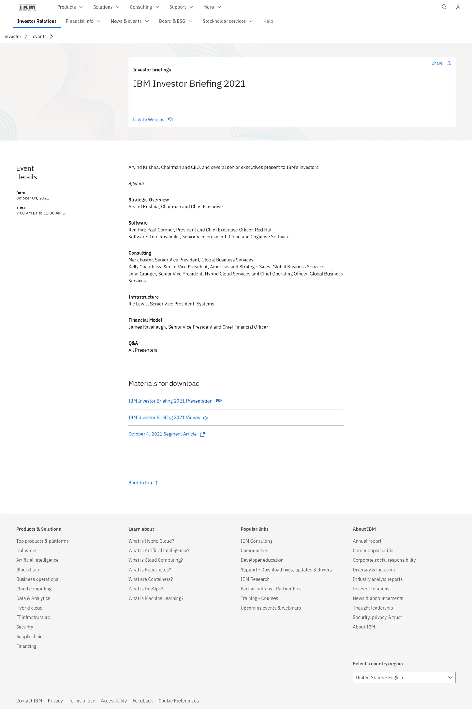 IBM Investor Relations investor briefing