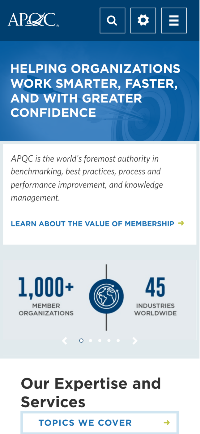 APQC.org's mobile home page