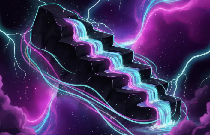 The Cascade Engine: A mystical current of structured flow—where raw input climbs through tiers of transformation, igniting clarity, power, and creation at every step.