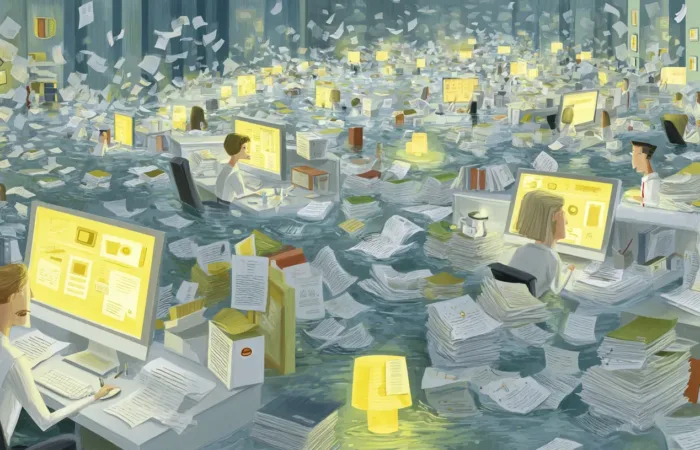 Illustration of an office overflowing with paper documents, where workers at glowing computer screens are surrounded by endless stacks and flying sheets of paper.