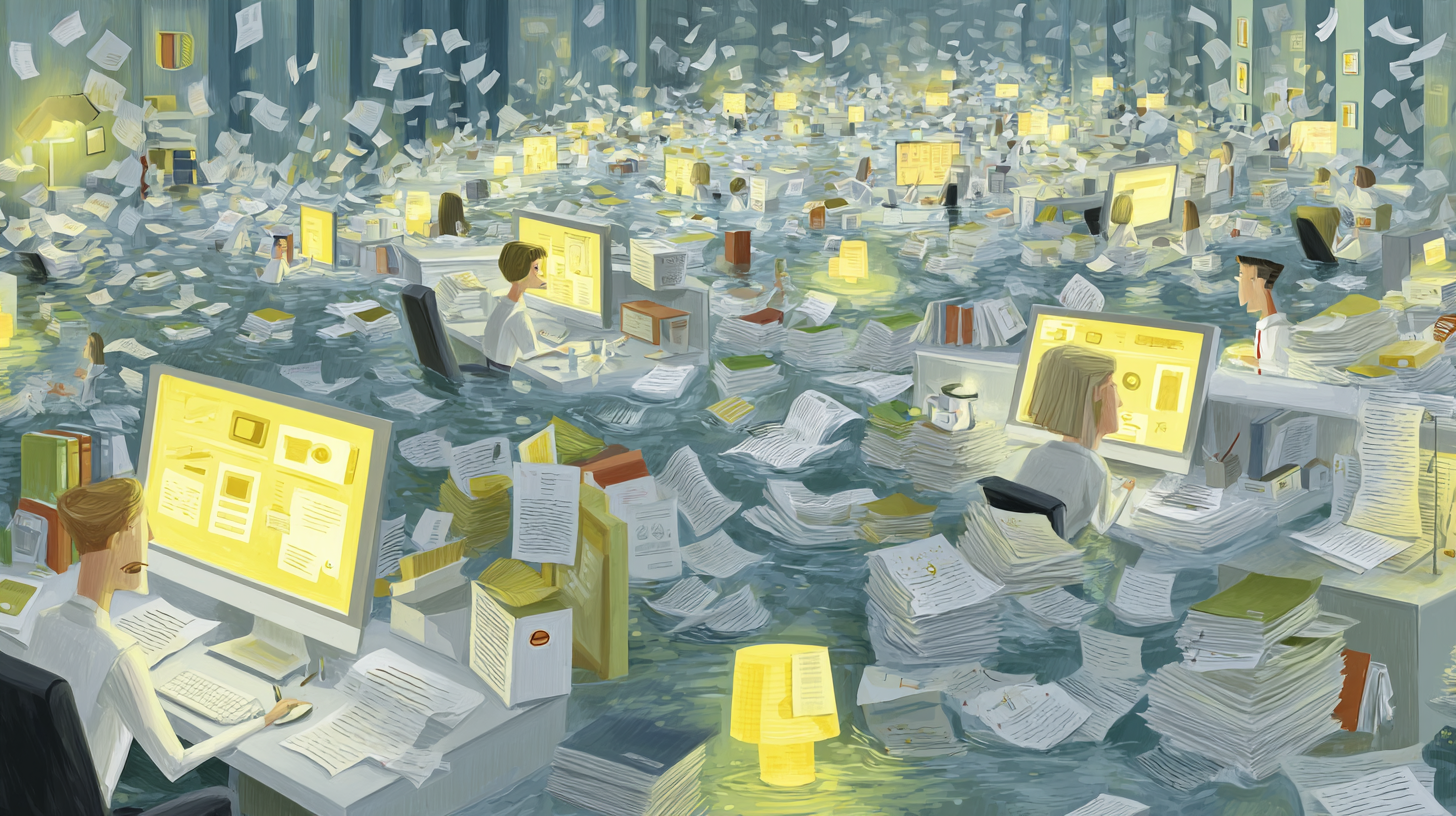 Illustration of an office overflowing with paper documents, where workers at glowing computer screens are surrounded by endless stacks and flying sheets of paper.