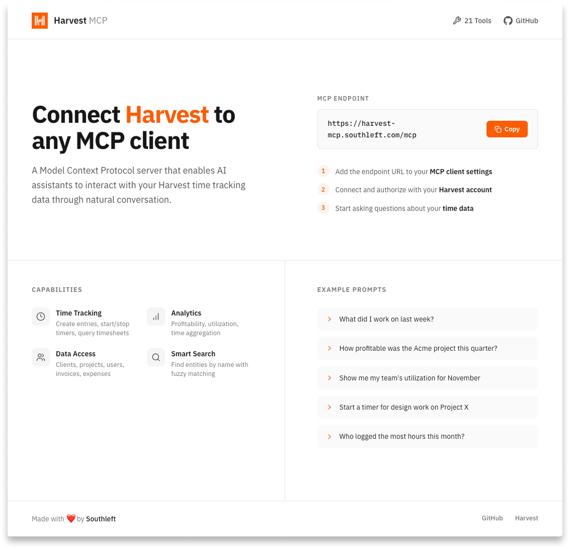 Harvest MCP interface screenshot