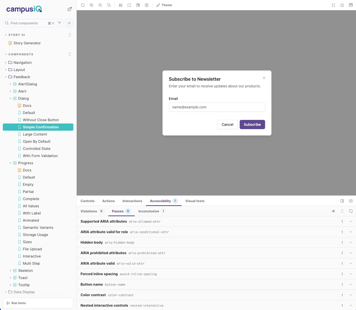 Dialog component accessibility testing showing keyboard navigation and ARIA attribute validation