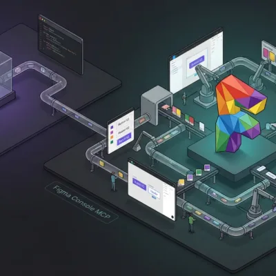 Isometric illustration comparing Figma MCP (Official) as a glass display case with a single output pipeline, and Figma Console MCP as an active factory floor with robotic arms, conveyor belts, and design components flowing in every direction