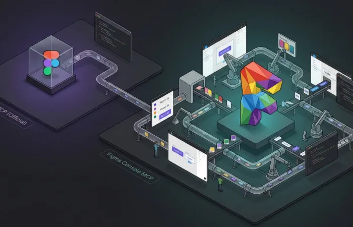 Isometric illustration comparing Figma MCP (Official) as a glass display case with a single output pipeline, and Figma Console MCP as an active factory floor with robotic arms, conveyor belts, and design components flowing in every direction