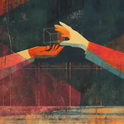 One hand passing a shape to another hand over a fence.