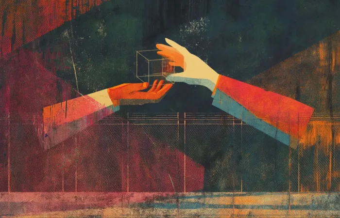 One hand passing a shape to another hand over a fence.